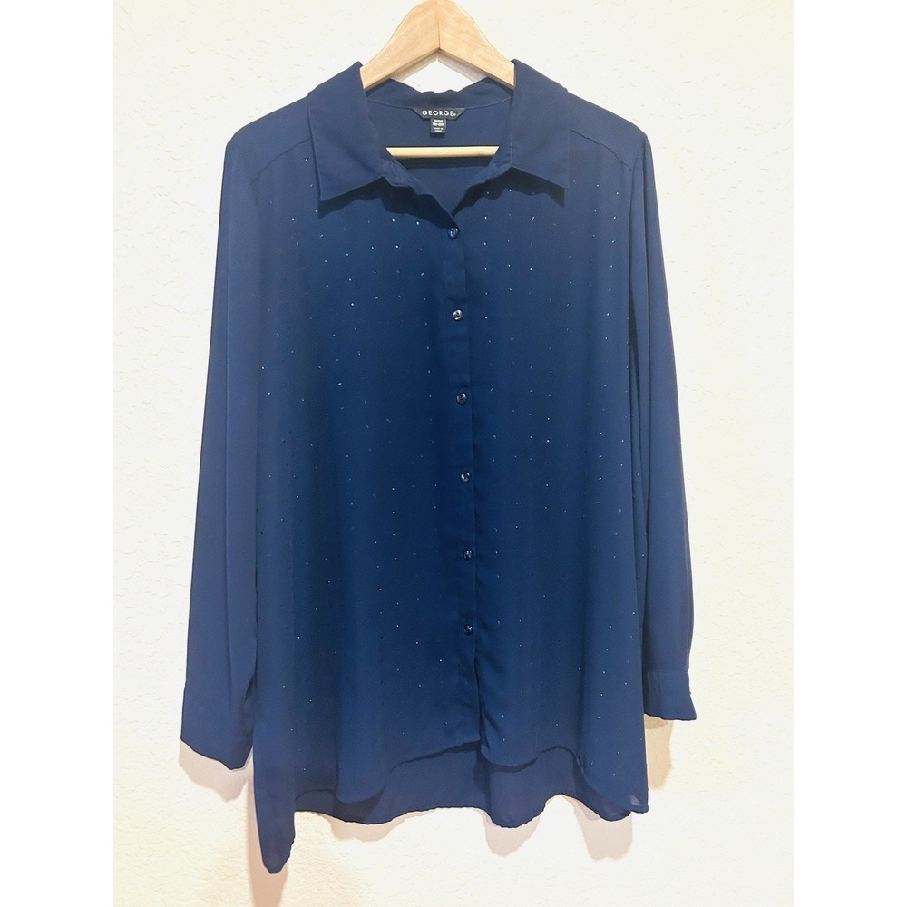 George Women's Semi Sheer Blue Button Up Shirt Size 2X Y2K Bling Career Office